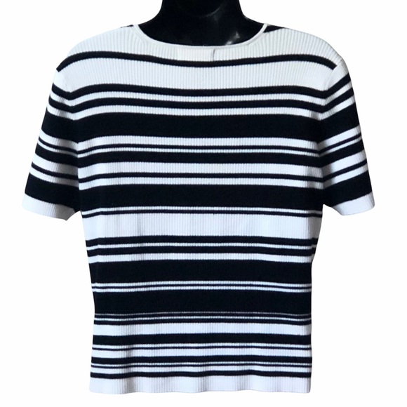 Worthington black and white horizontal striped short sleeve sweater size…L - Picture 2 of 9